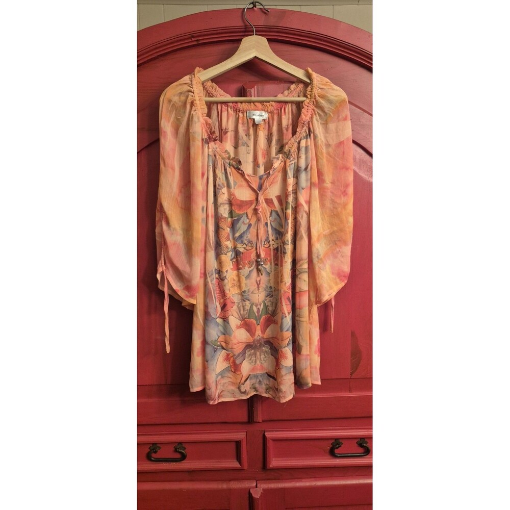 Dressbarn 2X Boho Blouse Sheer Orange Peach Floral Kaleidoscope Beaded Tie Front
